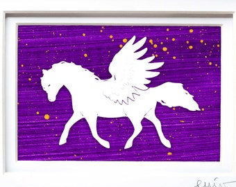 Flying Horse Wall Art | Pegasus Paper Cut on Hand Painted Paper