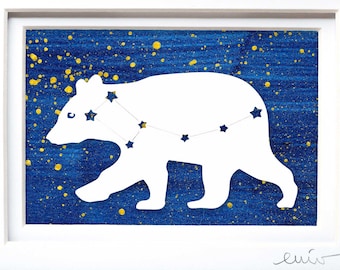 Little Dipper Wall Art | Bear Cub Star Art on Hand Painted Paper | Ursa Minor