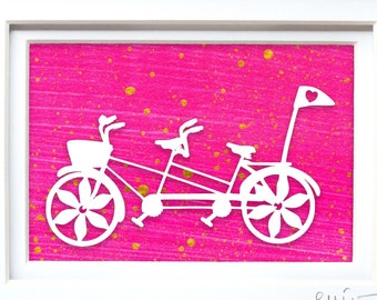 Tandem Bike Paper Cut on Hand Painted Paper | Couples Bike | Wedding Gift