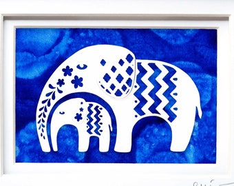 Floral Baby Elephant Wall Art | Elephant Baby Shower Gift | Framed Baby Elephant Paper Cut | Nursery Wall Art