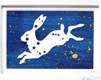 Star Art | Hare Constellation | Lepus Space Art Papercut on Hand Painted Paper