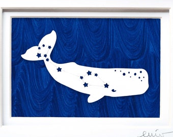 Constellation Art | Whale Constellation | Cetus Space Art Papercut on Hand Painted Paper