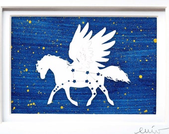 Pegasus Constellation Art | Winged Horse Paper Cut on Hand Painted Paper | Space Lovers Gift