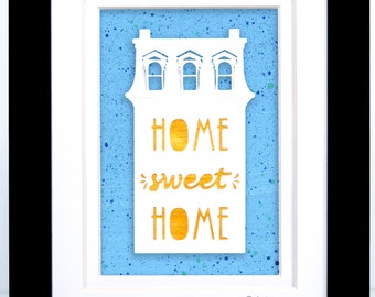 Home Sweet Home Wall Art | Rowhouse Paper Cut op hand geschilderd papier | Housewarming Gift | Verjaardagscadeau