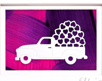 Truck Filled with Hearts Paper Cut on Hand Painted Paper | Valentines Day Gift |Truck Lover Gift