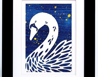 Swan Nursery Wall Art | 5x7in original 3D papercut art on hand painted background