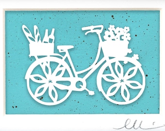 Floral Bike Paper Cut on Hand Painted Paper | Bicycle with Flowers, Wine and Bread