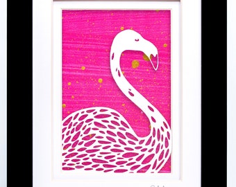 Flamingo Paper Cut on Hand Painted Paper | Framed Flamingo Wall Art | Pink Flamingo Lover Gift