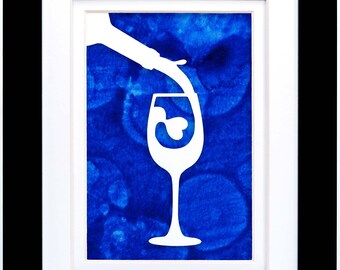 Wine Lover Gift | Wine Glass Paper Cut on Hand Painted Paper | Kitchen Wall Art