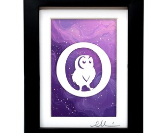 May include: A framed art print featuring a white silhouette of an owl centered within a large white letter O. The background is a vibrant purple nebula with scattered white stars. The artwork is encased in a simple black rectangular frame.