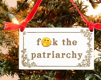 F The Patriarchy Ornament with Red Scarf Ribbon - Feminist holiday hanging decor