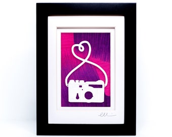 Photographer Gift | Camera Lover Paper Cut on Hand Painted Paper