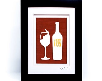 Kitchen Wall Art | Wine Bottle and Glass Paper Cut on Hand Painted Paper | Wine Lover Gift