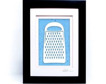 Cheese Grater Wall Art Shelf Art Framed Artwork Original Art Hand Painted Paper Cut Wall Art Cut Paper Kitchen Art Funny New Home Gift