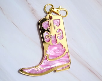 Pink Cowgirl boot keychain | Horse girl gift - marbled pink and gold mirror acrylic key chain