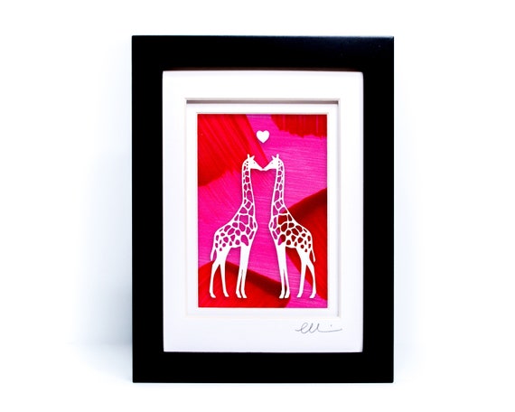 Giraffe Wall Art | Giraffe Kiss Paper Cut on Hand Painted Paper | Romantic Wedding Gift | Paper Anniversary Gift