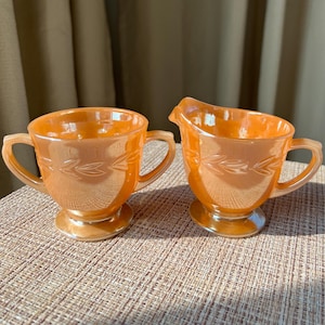 Vintage Fire King Peach Lustre Creamer & Sugar Set – Excellent Condition