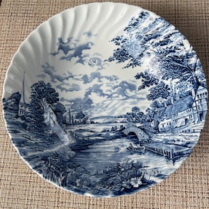 Vintage Blue Brook Staffordshire Bowl – 9&quot; Ironstone, Scalloped Edge, Made in England, Blue & White Transferware