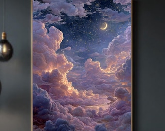 Maanverlichte Fantasy Sky Art: wassende maan, wolken en sterren - kosmische poster/canvas