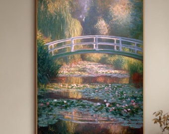 Estampa de Monet, Estanque de nenúfares: Escena impresionista de jardín, Puente blanco