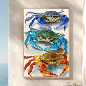 Stampa artistica acquerello di granchi blu: decorazione murale nautica costiera