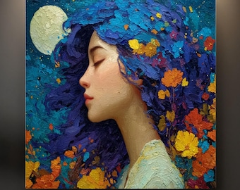 Moon Goddess Floral Hair Art Print: Starry Night Celestial Oil Painting