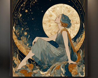 Art Deco Moon Woman Print: Pastel Art Nouveau Celestial Decor