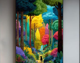 Enchanted Forest Cat Art Print: Richard Scarry Style Watercolor