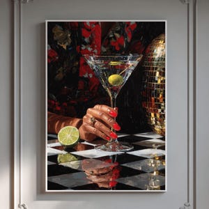 Hyperrealistic Martini Canvas Art: Black Woman, Red Nails, David Uhl Style