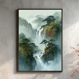 Chinese Ink Wash Landscape Art Print: Surreal Waterfall Embroidery Style
