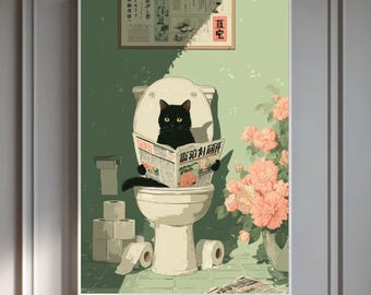 Impressão Ukiyo-e de Gato Preto para Banheiro: Arte de Parede com Humor Divertido sobre Banheiros