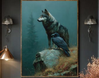 Gothic Wolf and Raven Art: Dark Forest Fantasy Poster, Canvas or Framed Canvas