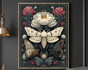 Impressão de Mariposa Botânica Escura: Arte de Parede Gótica com Tema da Natureza