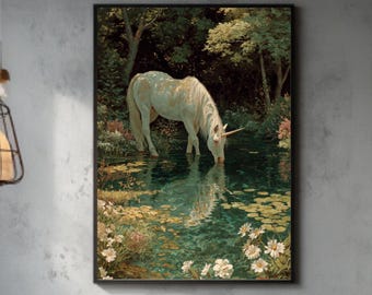 White Unicorn Enchanted Forest Wall Art, Magical Birch Woods Decor