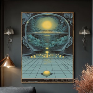 Puede incluir: Una impresión artística enmarcada que representa un paisaje surrealista dentro del contorno de una cabeza humana. La obra de arte presenta una cuadrícula, un orbe amarillo y un sol amarillo brillante. La impresión cuelga sobre un sillón gris oscuro con un cojín a cuadros y una otomana a juego.