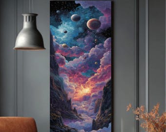 Vertical Space Art: Planets, Galaxies, Cosmic Dust - Canvas or Framed