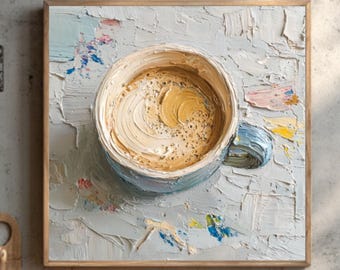 May include: An oil painting in a wooden frame depicting a coffee cup with a light blue handle and rim, filled with coffee and foam. The painting has a textured, impasto style, with a light blue and white background. The painting is displayed in a kitchen.