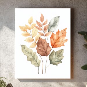 Arte de parede com folhas de outono suaves – Impressão botânica de outono em aquarela, ilustração de folhas em tons pastéis terrosos para decoração aconchegante sazonal ou natural