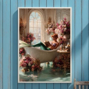 Reading Mermaid Bath Art: Pastel Cottagecore Poster or Canvas Print