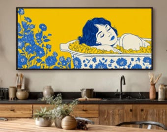 Whimsical Mac and Cheese Art Canvas: Matisse Style Kitchen Decor