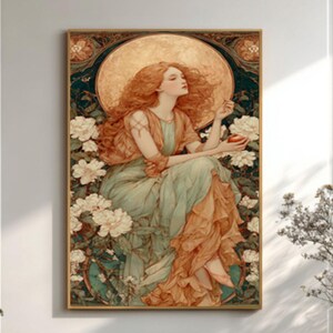 Art Nouveau Moon Goddess Print: Pastel Floral Celestial Decor