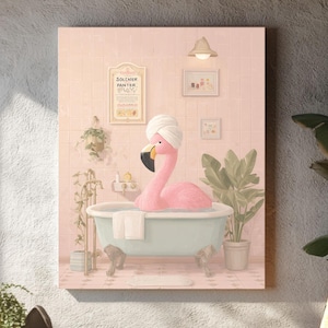 Whimsical Flamingo Bath Art: Pastel Bathroom Print, Tropical Spa Decor