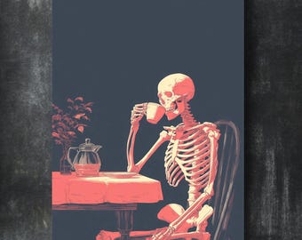 Vintage Skeleton Coffee Art Print: Gothic Halloween Decor