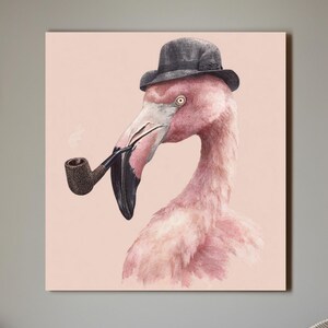 Elegant Flamingo Wall Art – Watercolor Bird with Hat & Pipe on Pale Pink | Quirky Clipart-Style Poster, Canvas, or Framed Print