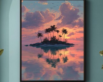 Tropische Insel bei Sonnenuntergang: Palme Silhouette, Küstenwandkunst