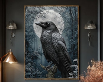 Gothic Raven Moon Kunst: Dark Forest Fantasy Poster, Leinwand oder gerahmte Leinwand
