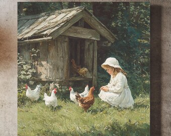 Vintage Farm Print: Little Girl with Chickens - Rustic Cottagecore Canvas