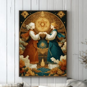 May include: A framed art print depicting two figures in flowing robes holding hands, set against a celestial background with a star symbol. The artwork features warm tones of gold, brown, and blue, creating a mystical and spiritual ambiance. The print is displayed above a wooden bench with pillows.