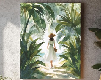 Seaside Beach Girl Watercolor Art: Tropical Coastal Canvas Print