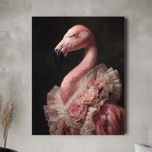 Baroque Flamingo Canvas – Pink Flamingo in Ruffled Dress, Elegant Oil Painting Style, Whimsical Animal Wall Art, Framed Poster Print